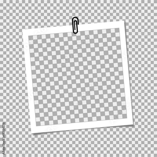 Photo frame with staple on grey backgrounrd. Vector template, blank for trendy and stylish photo or image