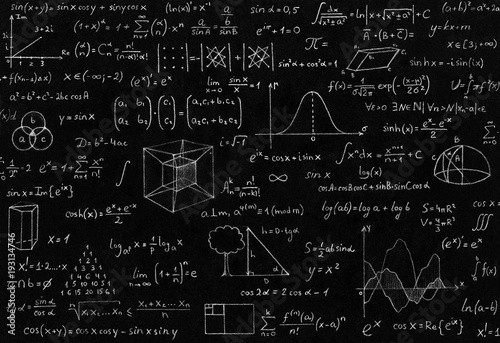Mathematic, geometry, physic formula and symbol on black background.