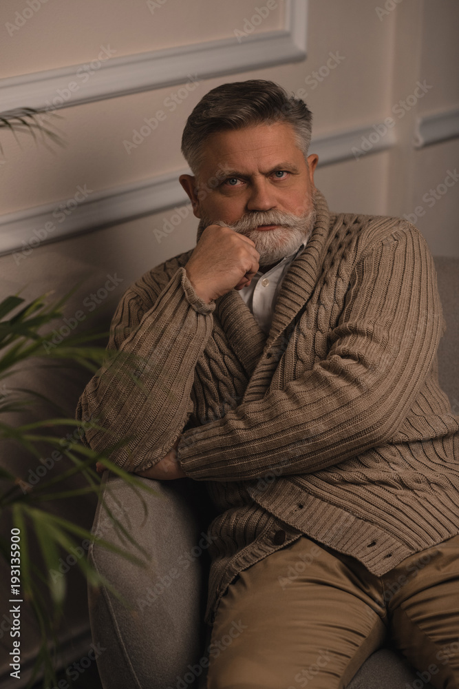 serious senior man sitting in armchair and looking at camera serious senior man sitting in armchair and looking at camera