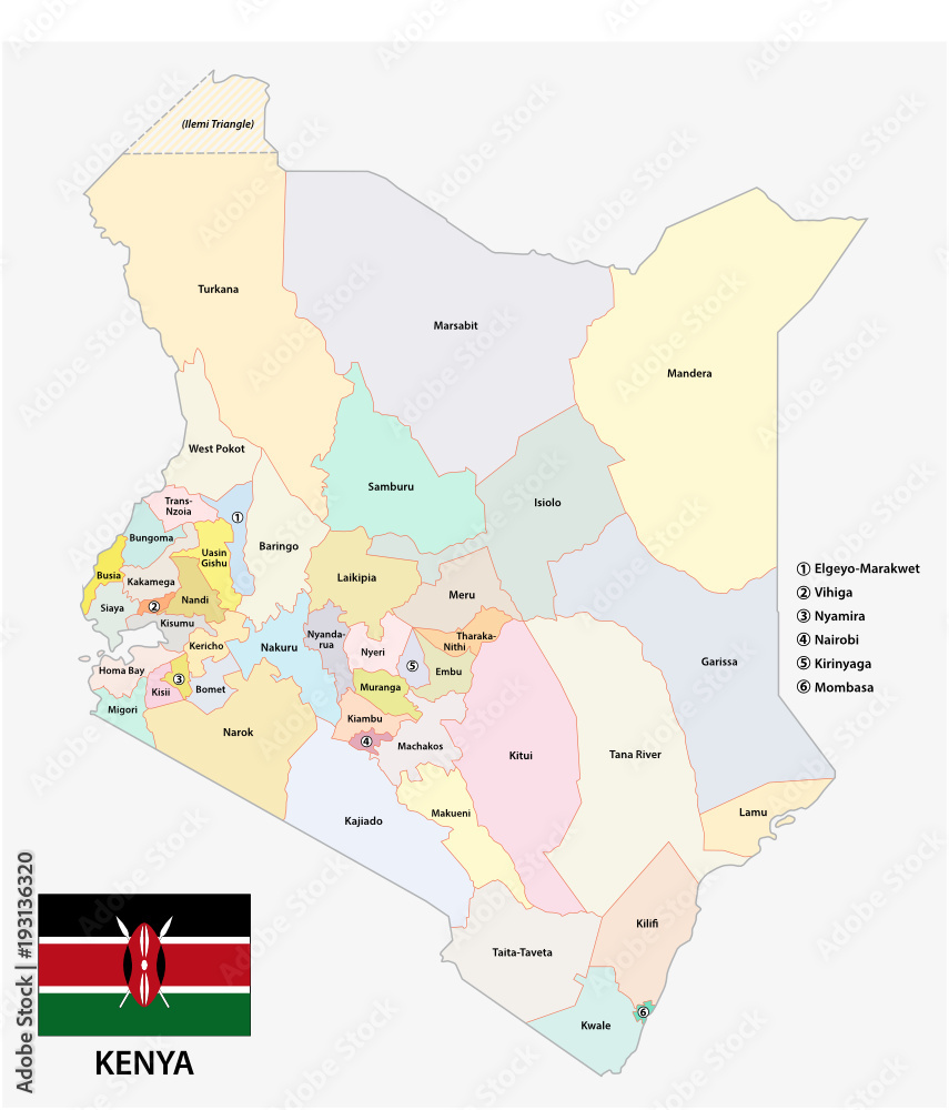 Kenya administrative and political vector map of the Republic of Kenya with flag