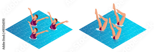 Isometric womans athlete on the performance of synchronized swimming performing art elements. Swimming sportswoman, swimmer team, water dance