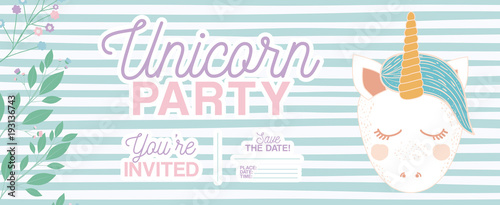 unicorn party invitation card with floral decoration vector illustration design