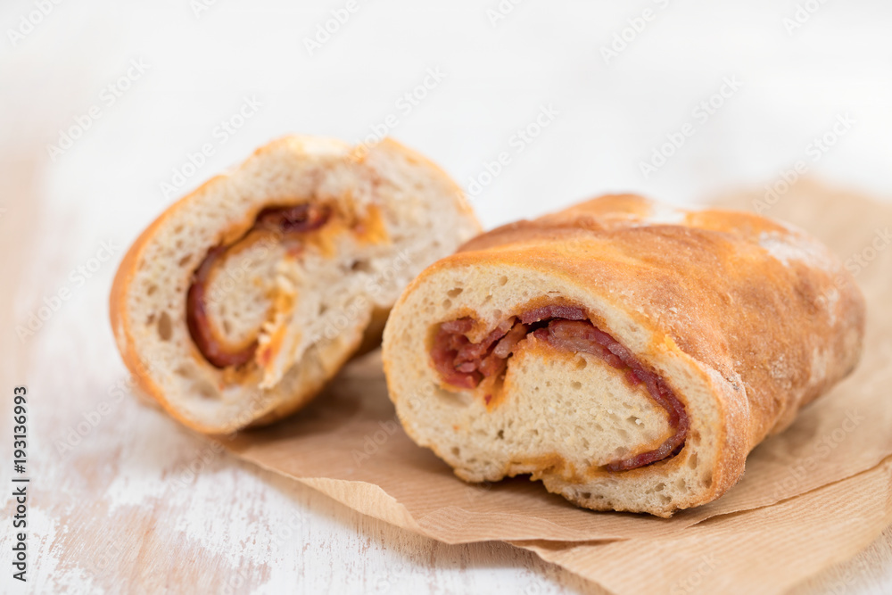 bread with chorizo on plate bread with chorizo on plate