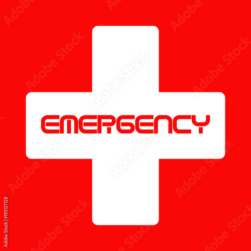 An icon for emergency with a white cross on red background and the write Emergency in its center - vector