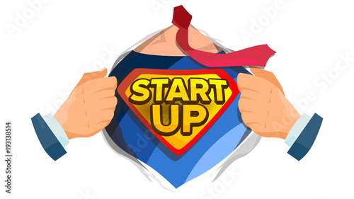 Startup Sign Vector. Superhero Open Shirt With Shield Badge. Business Start Up Sign. Isolated Flat Cartoon Comic Illustration