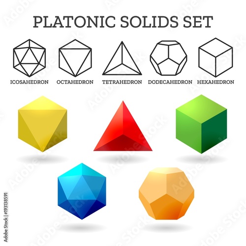 Platonic 3d shapes. Platon geometry abstract solid icons isolated on white background, vector illustration