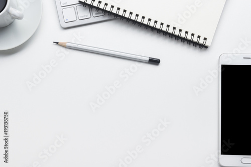 Office desk table with supplies. Flat lay Business workplace and objects. Top view. Copy space for text