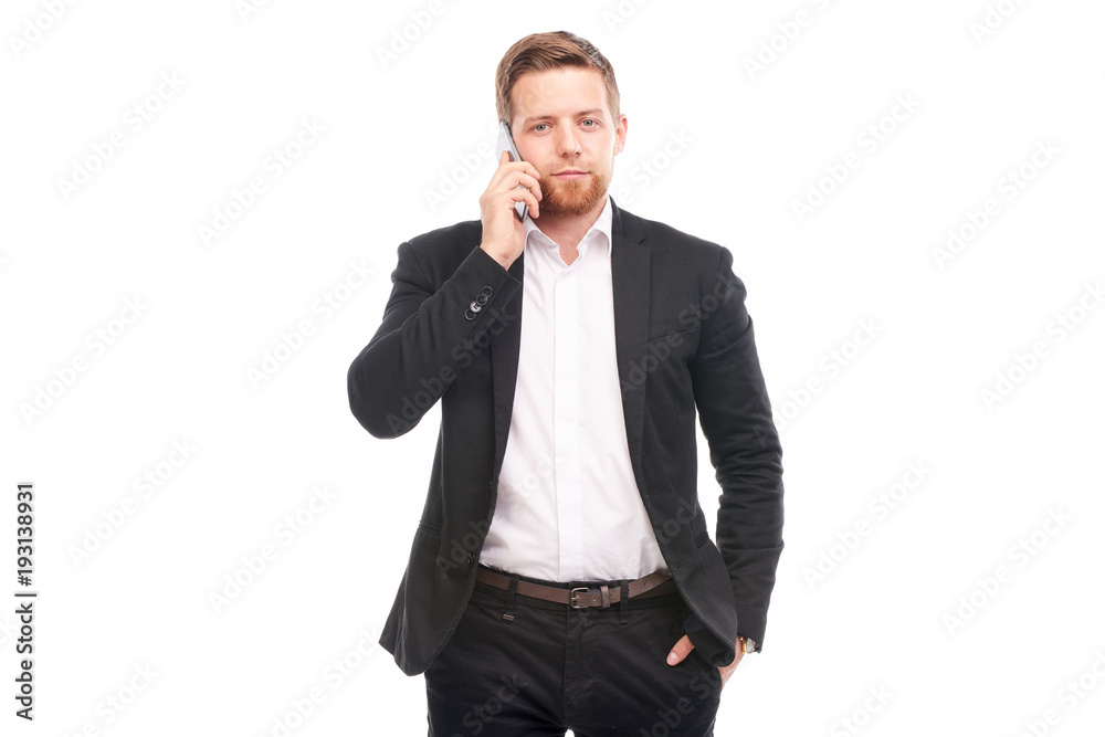 Portrait of young businessman with mobile phone on white background Portrait of young businessman with mobile phone on white background