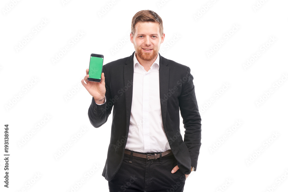 Portrait of young businessman with mobile phone on white background Portrait of young businessman with mobile phone on white background