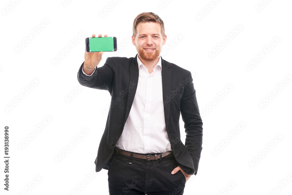Portrait of young businessman with mobile phone on white background Portrait of young businessman with mobile phone on white background