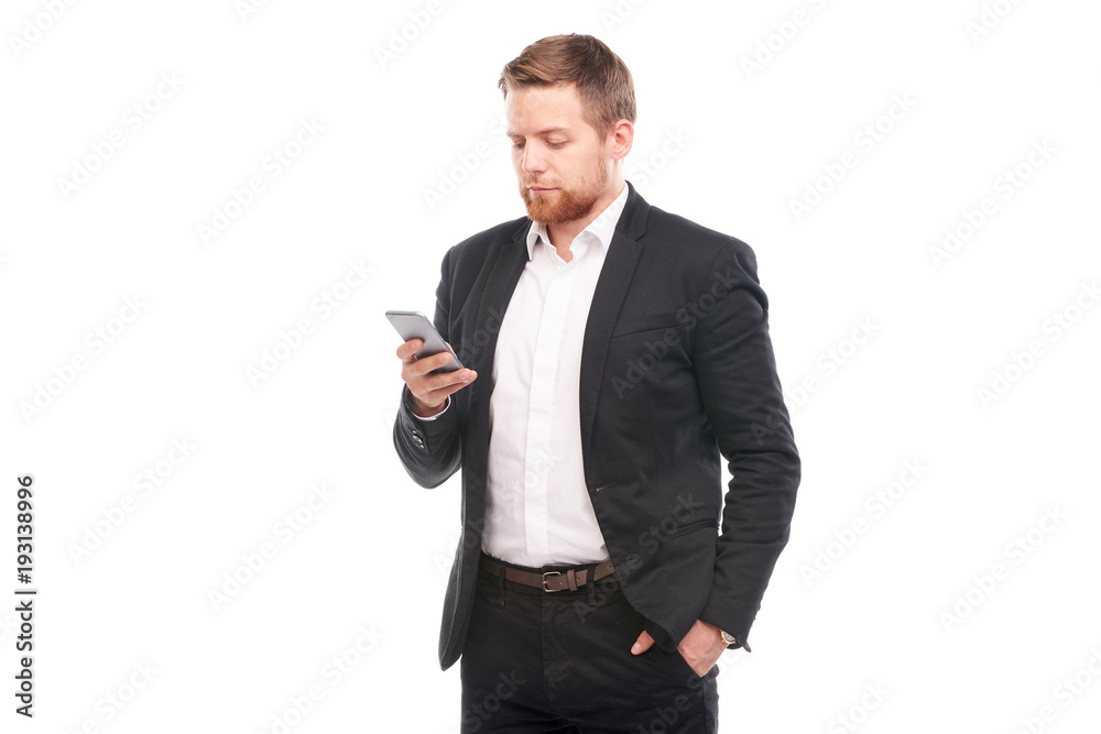 Portrait of young businessman with mobile phone on white background Portrait of young businessman with mobile phone on white background