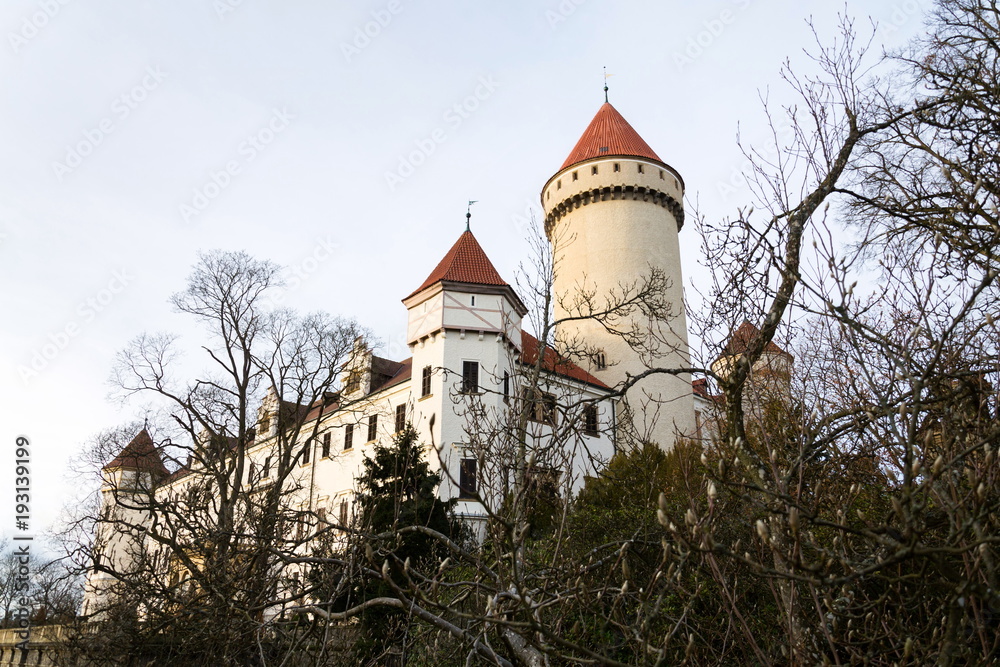 Konopiste castle exterior outside the city Benesov on winter day, Bohemia, Czech Republic