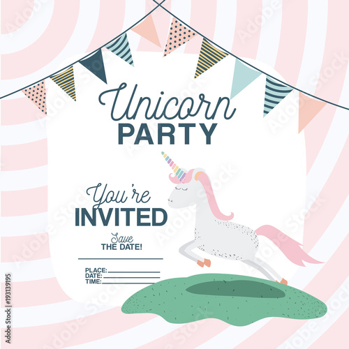 unicorn party invitation card with floral decoration and garlands vector illustration design