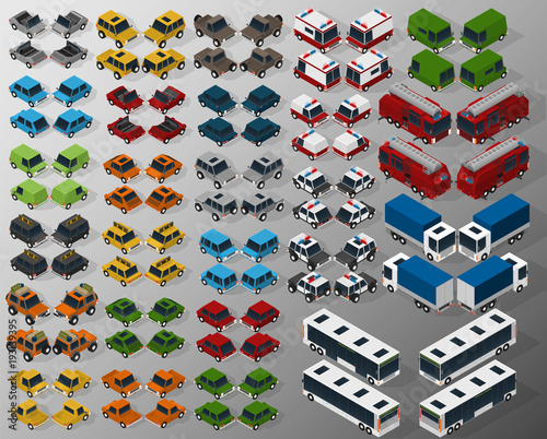 Vector isometric illustration of a set of motor transport, consisting of passenger private transport, freight transport, municipal transport and transport of rescue services. Front and rear view.
