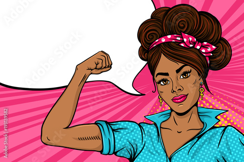 Pop art sexy strong girl with dark skin smiling and rising her fist and speech bubble. Female power, woman rights, protest, feminism. Vector bright background in retro comic style. Invitation poster.