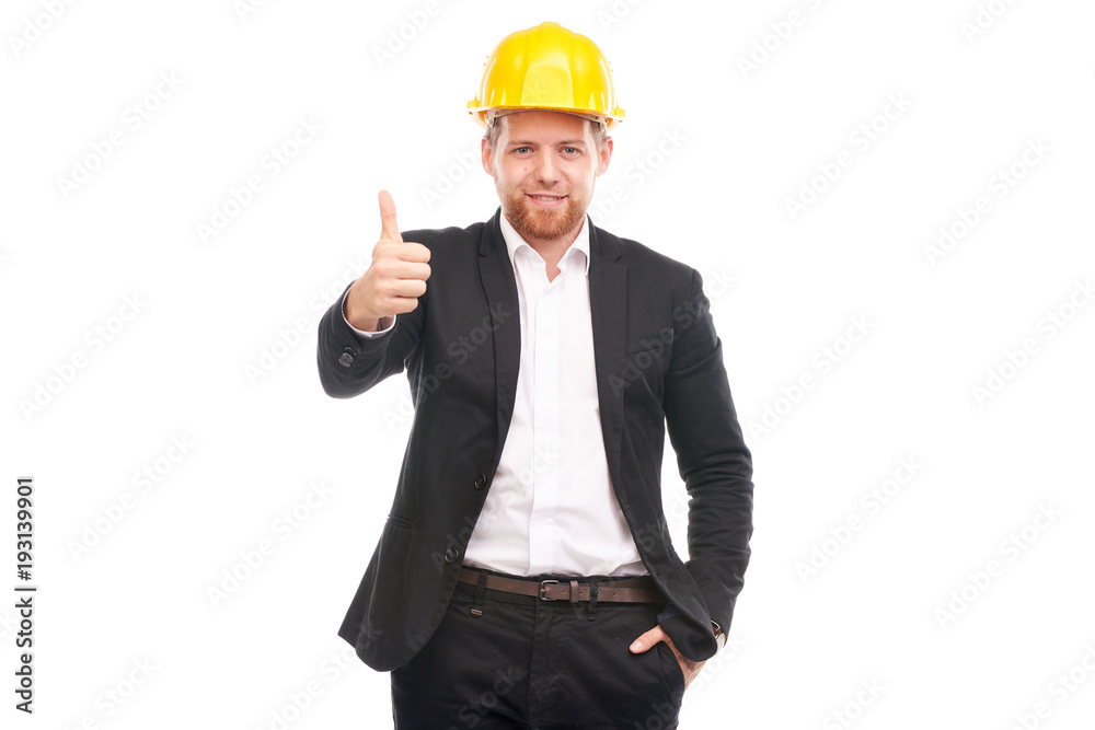Portrait of architect wearing suit and yellow hardhat on white background Portrait of architect wearing suit and yellow hardhat on white background