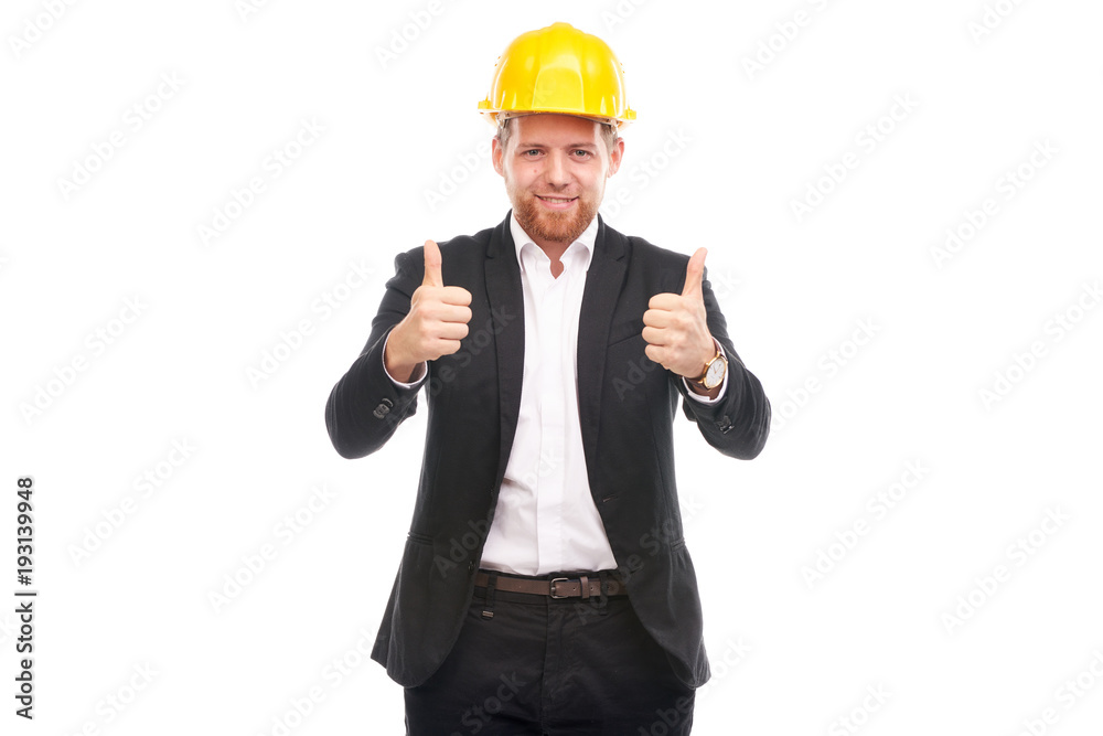 Portrait of architect wearing suit and yellow hardhat on white background