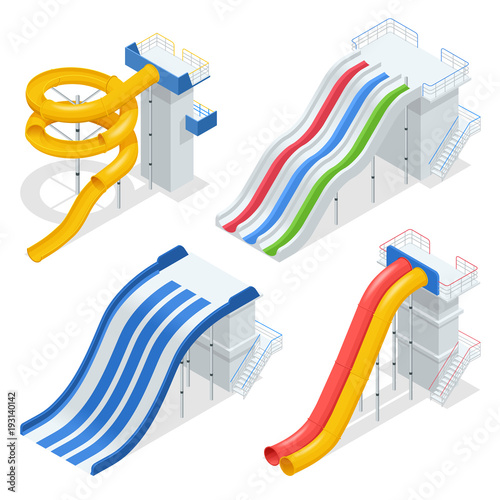 Isometric colorful water slides and tubes, aquapark equipment, set for label design. Swimming pool and water slides Vector illustration isolated on white background
