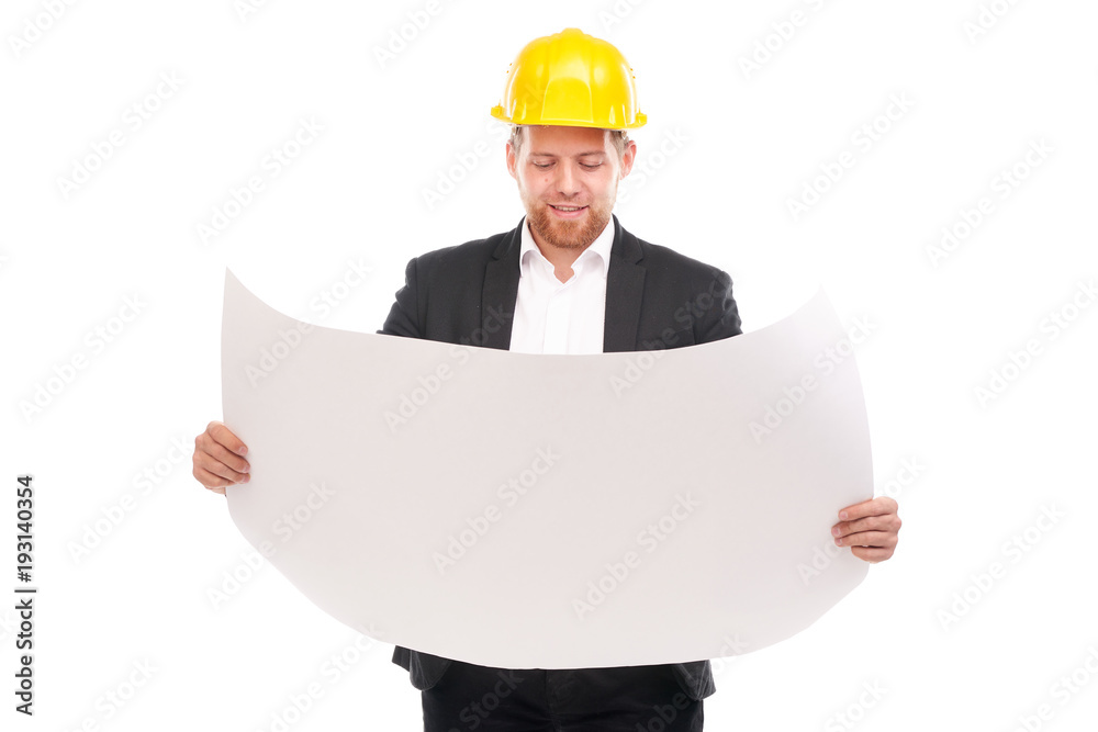 Portrait of architect wearing suit and yellow hardhat holding project plan on white background Portrait of architect wearing suit and yellow hardhat holding project plan on white background