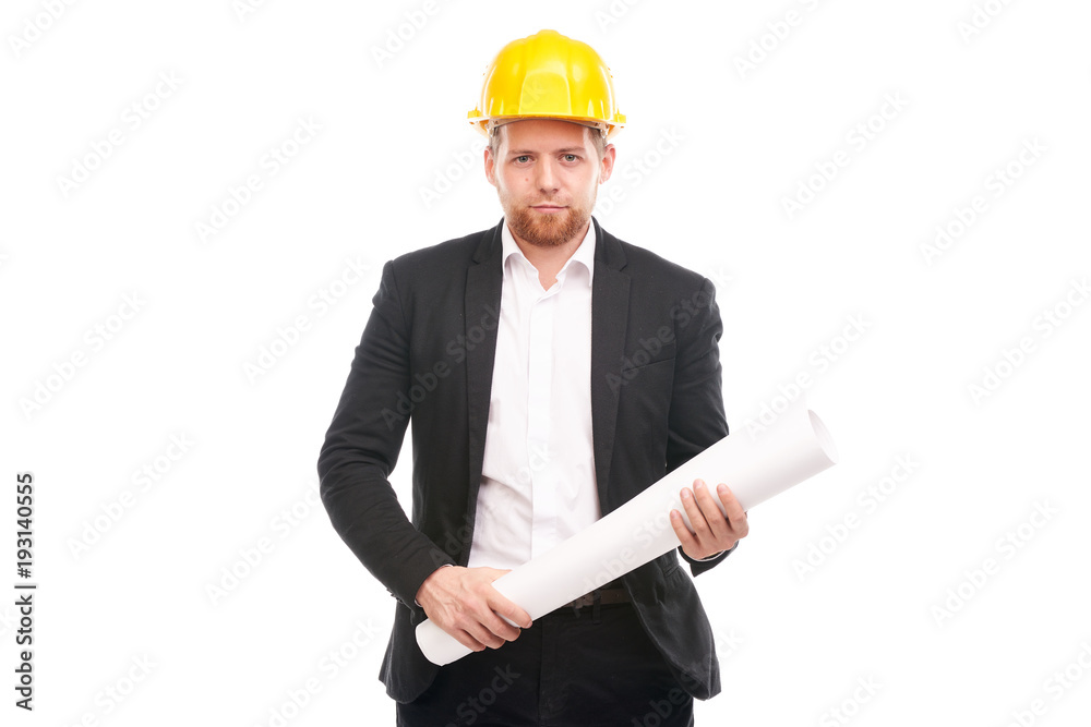 Portrait of architect wearing suit and yellow hardhat holding project plan on white background Portrait of architect wearing suit and yellow hardhat holding project plan on white background