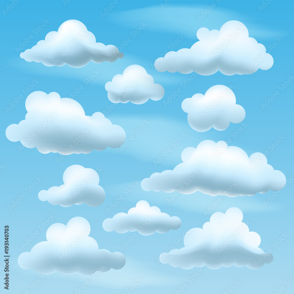 Set of Vector Clouds on blu sky background. Collection of cartoon clouds