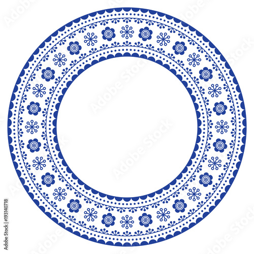 Scandinavian round ornamental frame, vector folk art design, floral composition in navy blue