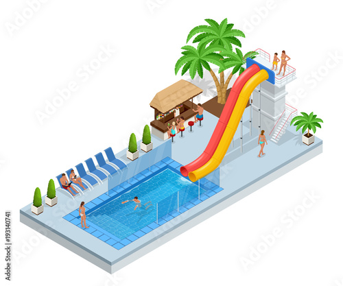 Isometric Aqua Park with water slides, water pool, people or visitors and palms. Vector illustration isolated on white background