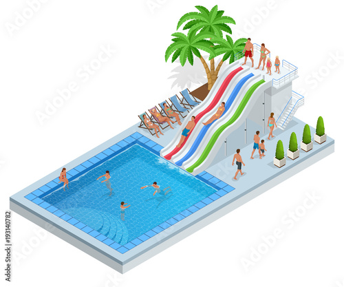 Isometric Aqua Park with water slides, water pool, people or visitors and palms. Vector illustration isolated on white background