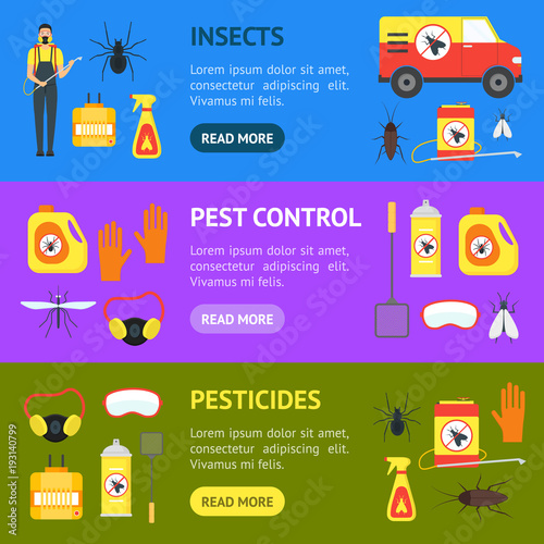 Cartoon Pest Control Service Business Banner Horizontal Set . Vector