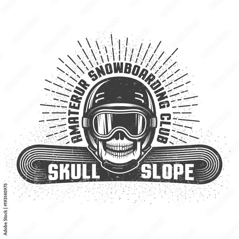 Snowboarding retro logo with skull in helmet and sports goggles. Worn textures and dots on separate layers and can be disabled. Snowboarding retro logo with skull in helmet and sports goggles. Worn textures and dots on separate layers and can be disabled.