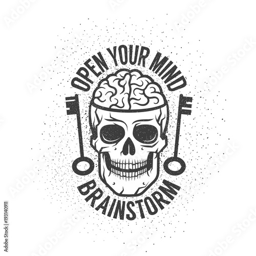 Retro emblem with a human brain in the skull and old keys. With the inscription - open your mind. Worn textures and dots on separate layers and can be disabled.