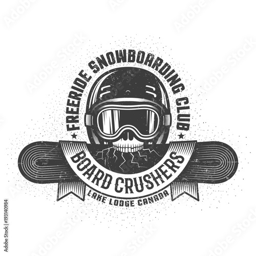 Snowboarding old school logo with skull holding cracked snowboard in the teeth and heraldic ribbon. Worn textures and dots on separate layers and can be disabled.