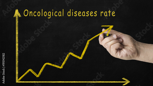 hand drawing chart line on blackboard showing growth of oncological diseases rate