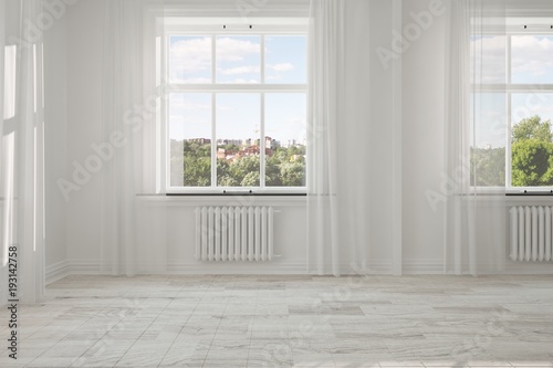 Fototapeta Naklejka Na Ścianę i Meble -  White empty room with summer landscape in window. Scandinavian interior design. 3D illustration