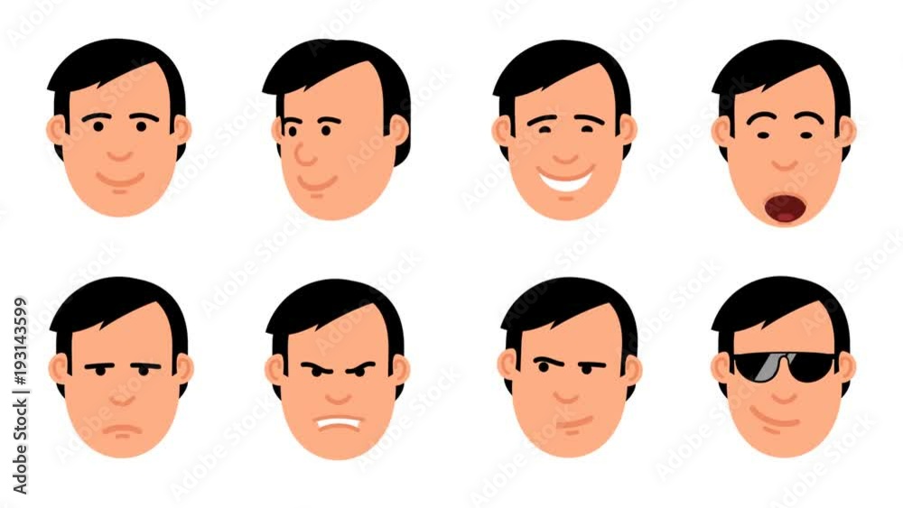 Cartoon man's head set of emoji. Animated emotions: yes, no, joy, shock, resentment, anger, suspicion, cool. Looped with alpha channel. Cartoon man's head set of emoji. Animated emotions: yes, no, joy, shock, resentment, anger, suspicion, cool. Looped with alpha channel.