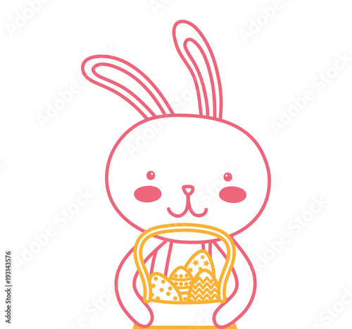 neon line happy rabbit animal with eggs inside hamper
