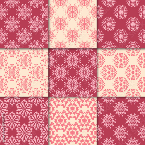 Cherry red and beige floral ornaments. Collection of seamless patterns