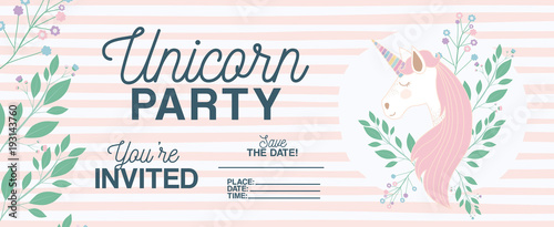 unicorn party invitation card with floral decoration vector illustration design