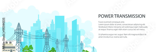 White Banner with High Voltage Power Lines Supplies Electricity to the City , Electric Power Transmission on on the Background of the City, Vector Illustration