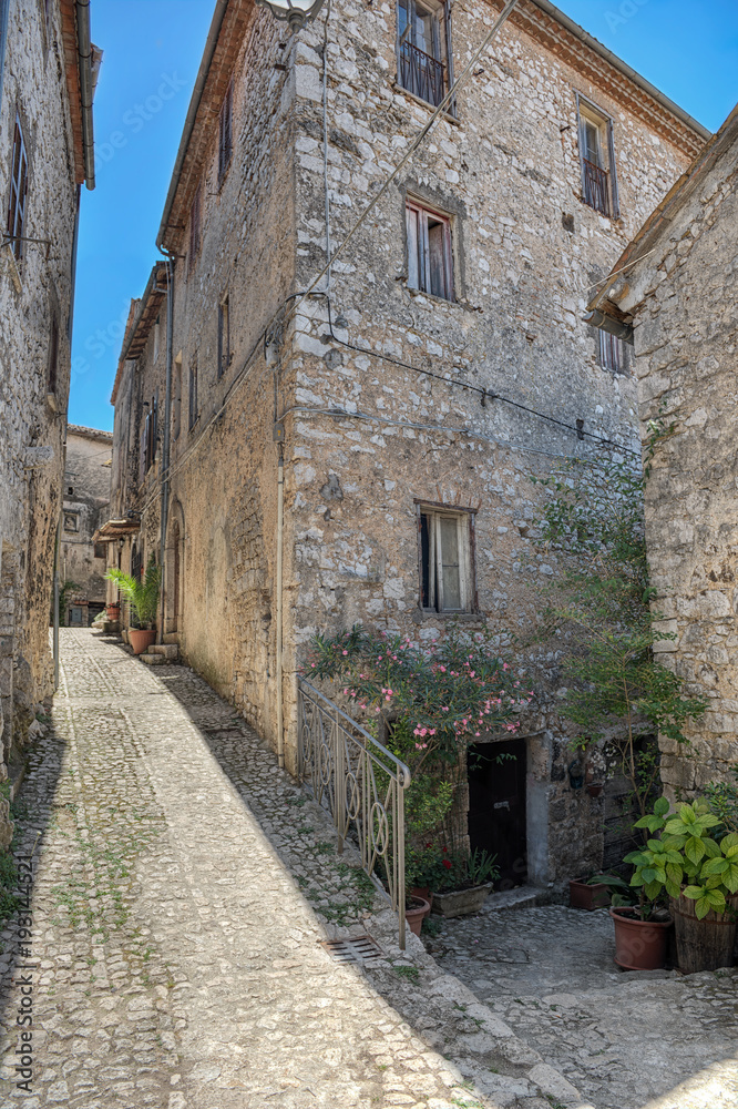 View of the Medieval Town of Fumone, narrow streets and medieval buidings
