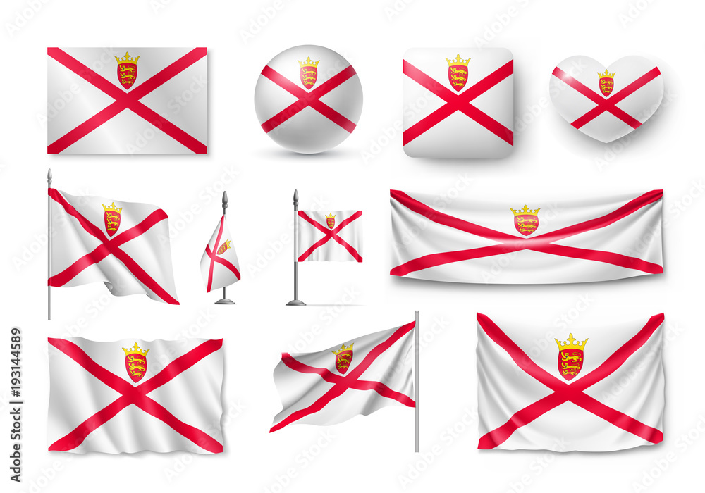 Set Jersey flags, banners, banners, symbols, flat icon. Vector illustration of collection of national symbols on various objects and state signs Set Jersey flags, banners, banners, symbols, flat icon. Vector illustration of collection of national symbols on various objects and state signs