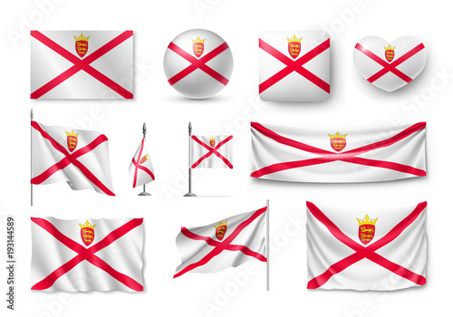Set Jersey flags, banners, banners, symbols, flat icon. Vector illustration of collection of national symbols on various objects and state signs