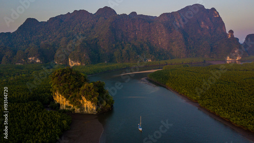 Tableau sur toile Aerial view of Ao Thalane near Krabi, Ao Tha Lane famous place for kayak on the river with mountain and mangrove forest, Krabi, Thailand