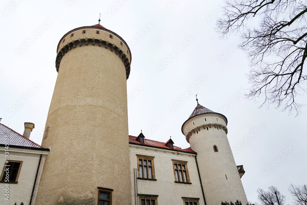 Konopiste castle exterior outside the city Benesov on winter day, Bohemia, Czech Republic