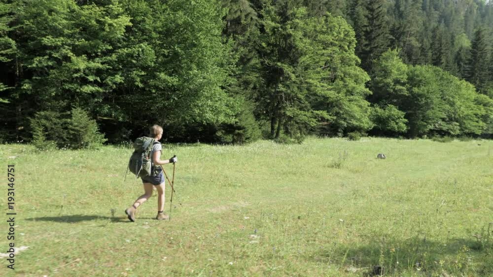 Young girl walks in the mountain with bakpack - Georgia national park