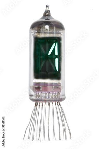 The real Nixie tube indicator of the numbers of retro style, isolated on white background. Display with green backlight. Digit 1