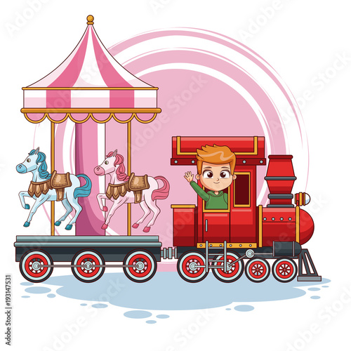 Boy in train with carrousel vector illustration graphic design