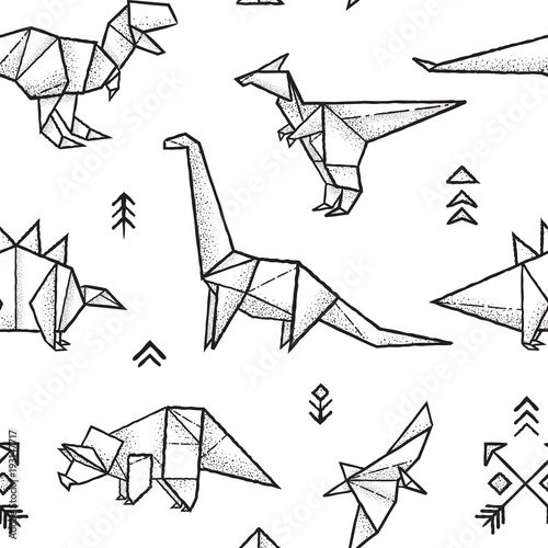 Origami dinosaurs seamless pattern in black and white colors. Hand drawn vector illustration
