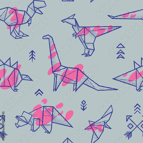 Origami dinosaurs with splashes seamless pattern. Trendy hand drawn vector illustration