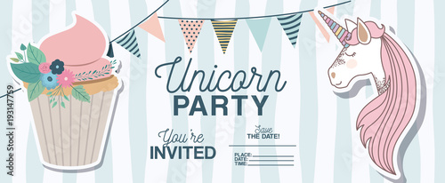 unicorn party invitation card with floral decoration and cupcake vector illustration design